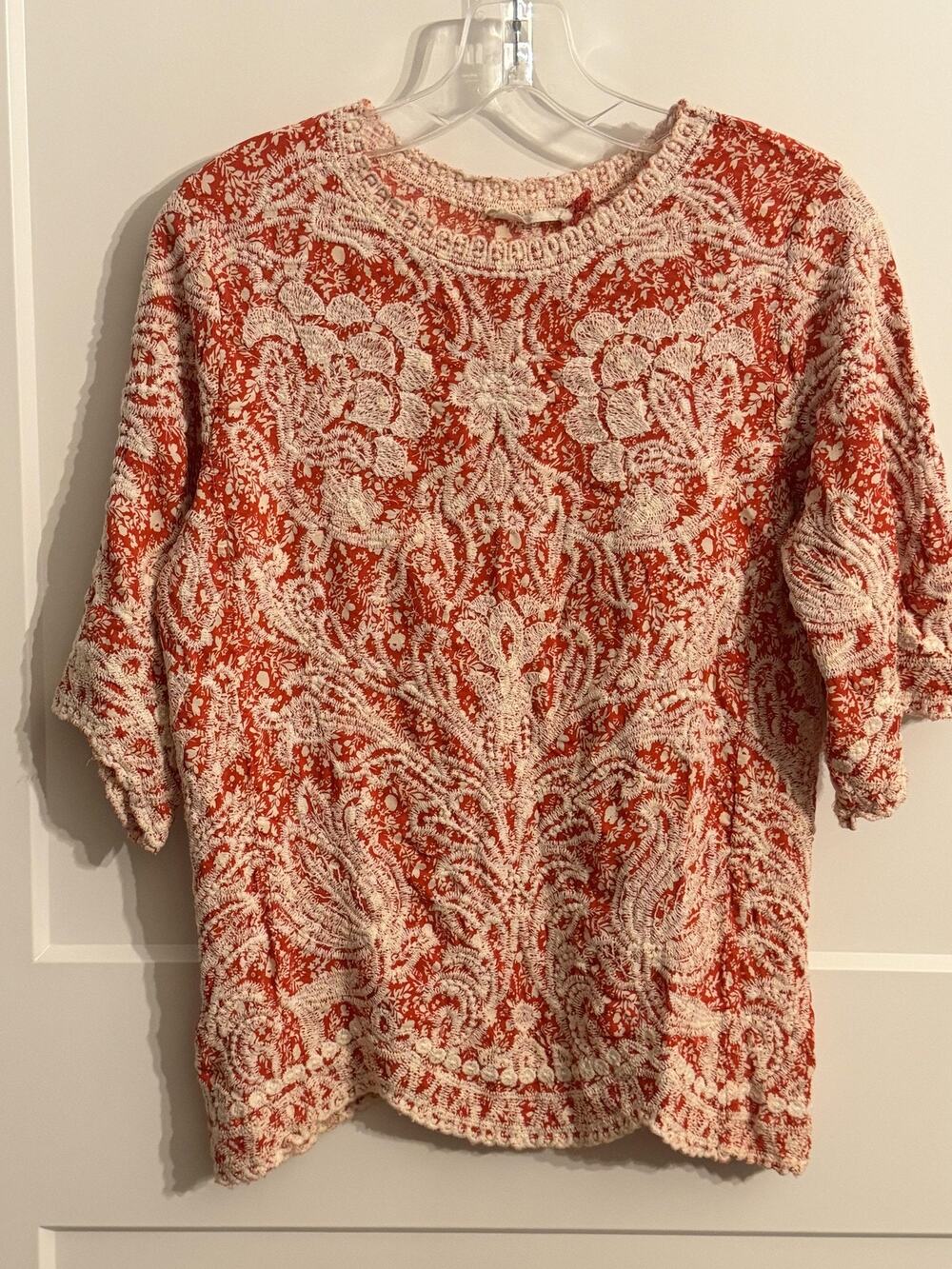 Solitaire Blouse Womens Size Orange Embroidered Floral Boho Top Textured